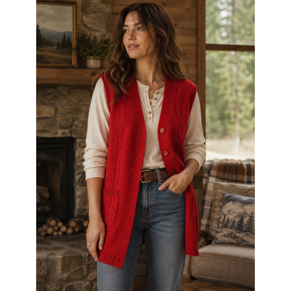Traverse Bay Woolen Co Sweater Vest Womens M Red Cable Knit Longline Vintage